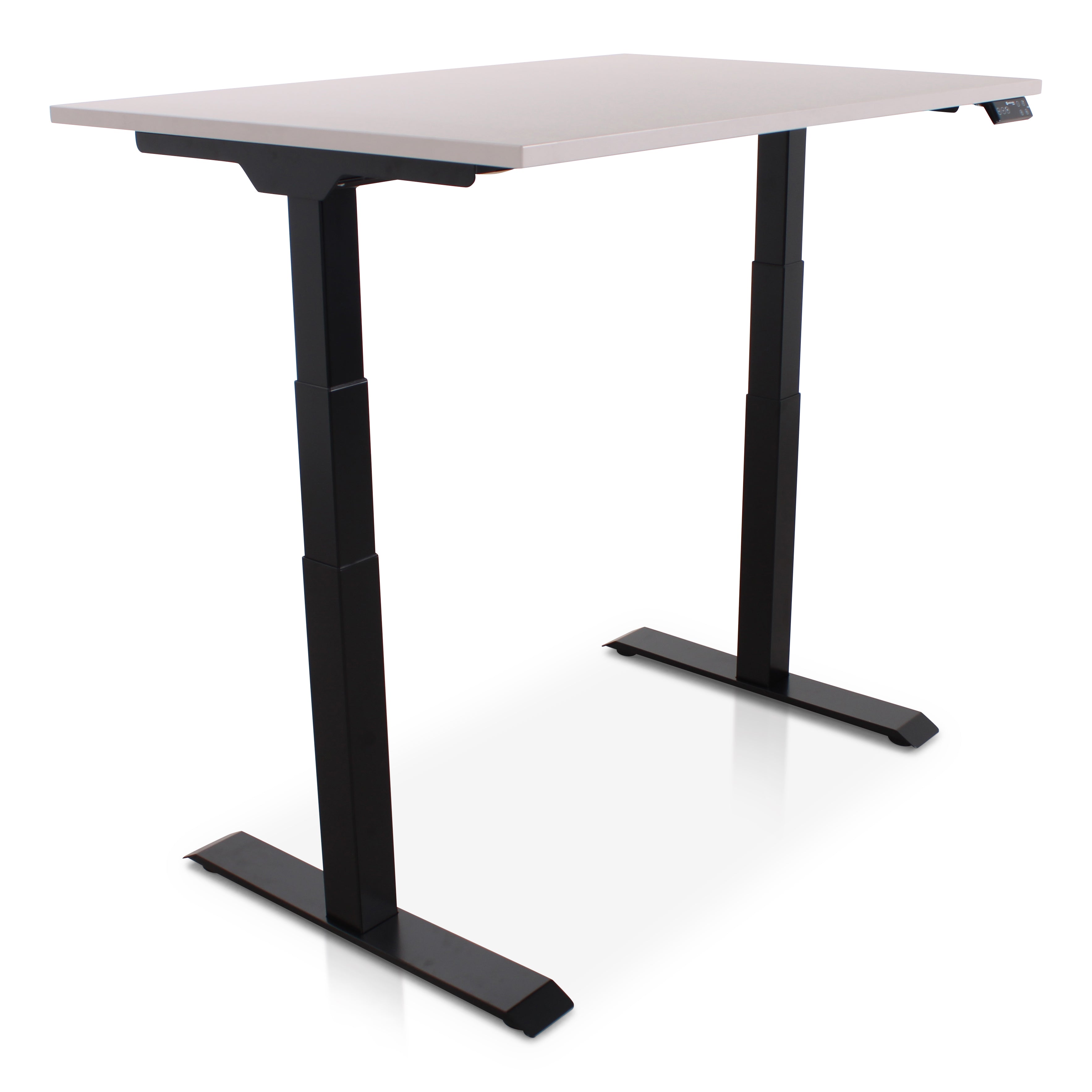 Lineaflex MRC PRO Sitz-Steh-Schreibtisch in Sand Grey mit schwarzem Gestell im Büro